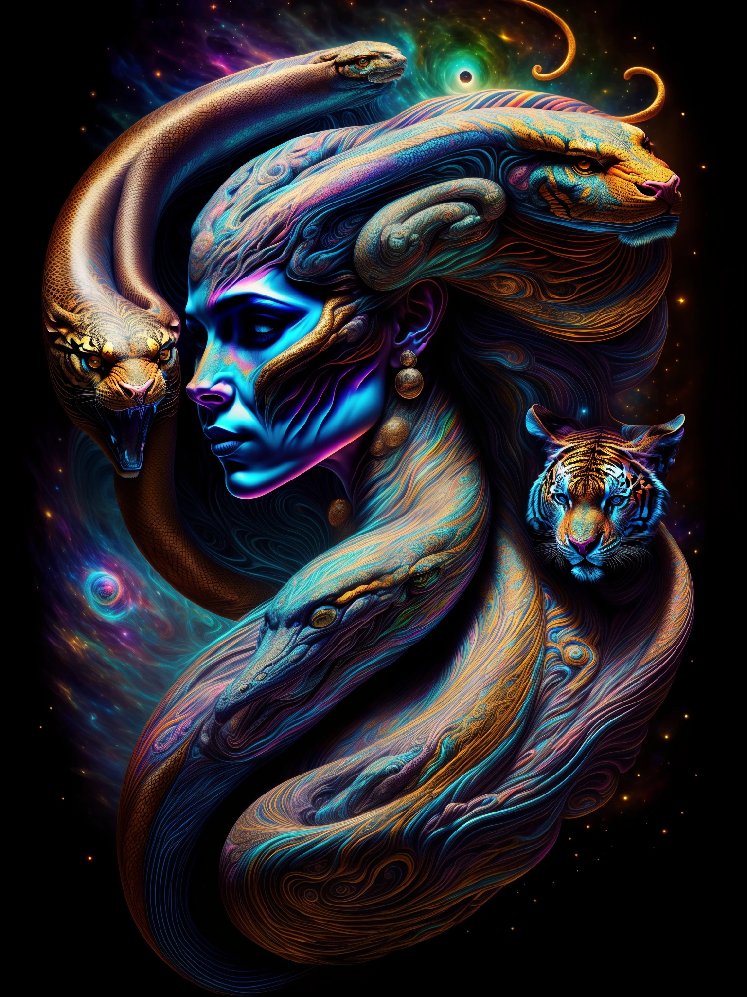 ((Best Quality, 8k, Masterpiece :1.3)) ‌‌Combination of tiger and snake, full boy, saturated colors, psychedelic image, LSD, mandala, fractral, costume, tattoo, painted body, bride, body leaning forward, art similar to Alex Grey's art, lots of color saturation, woman, vortex, ultra realistic, planet earth,  galaxy, with lots of lighting, shading and contrast