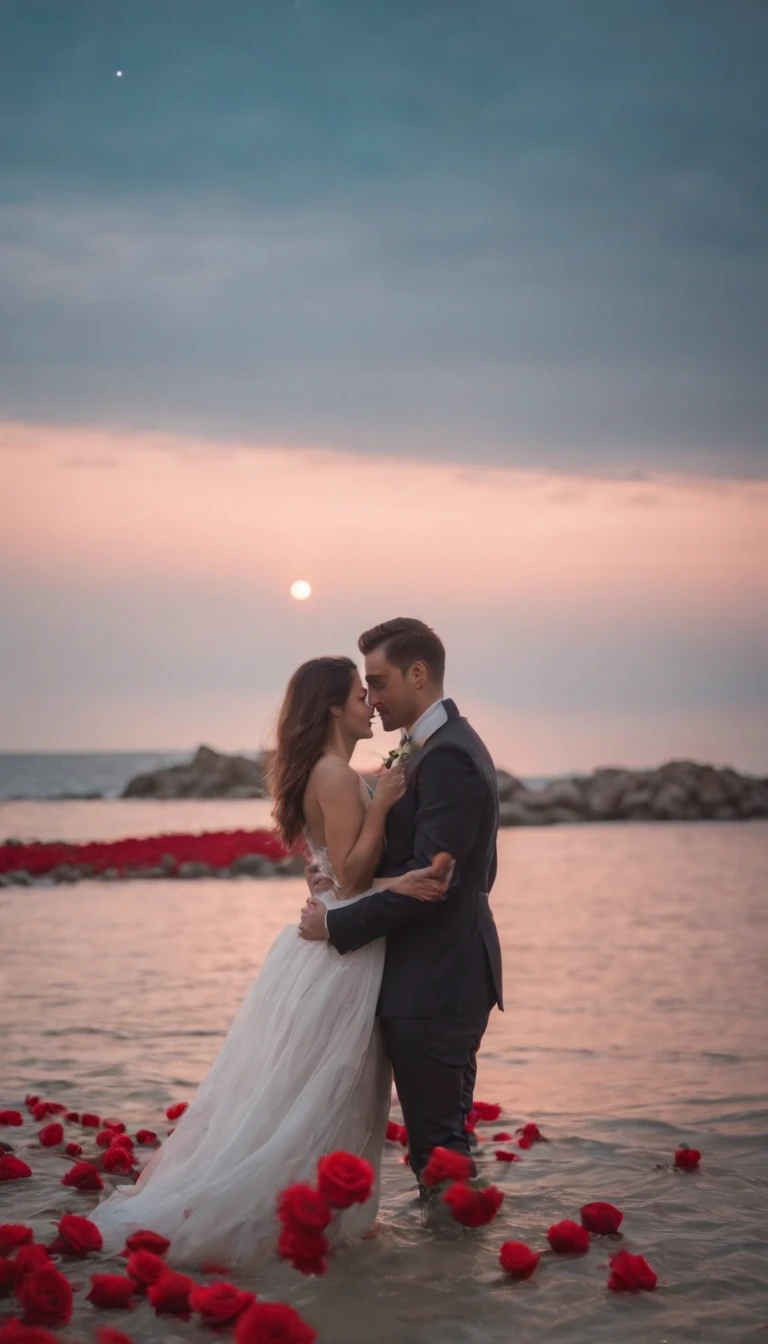In a romantic atmosphere,couple cuddling,Walk in the Sea of Roses,Under the stars,Feel the romantic theme of Valentine's Day。