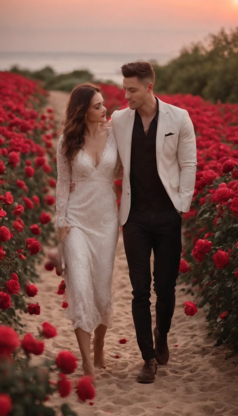 In a romantic atmosphere,couple cuddling,Walk in the Sea of Roses,Under the stars,Feel the romantic theme of Valentine's Day。