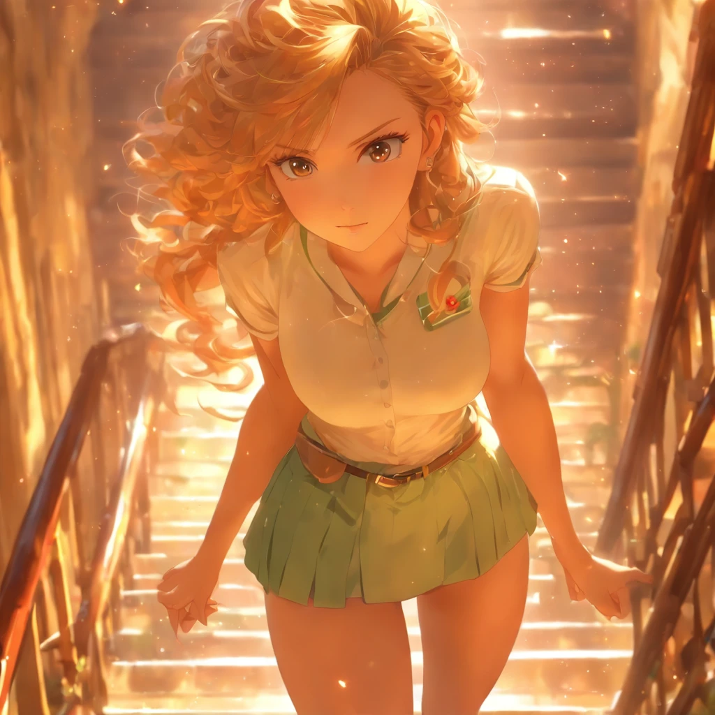 1 beautiful girl, beatiful face, (shapely body:1.2), Realistic, extremely detailed CG unified wallpapers 8k, very detailled, Raw high-definition color photos, Professional photography, realistic portrait, cinematiclight, Beautiful detailed, (beautiful breasts), (Breast cleavage:1.2), (Wide-chested uniform:1.2), (mini skirt:1.3), (white panty)、(:1.5), Cameltoe Details, Indoors, school, (Best Quality:1.4), ((Climb the stairs))、((Turn yours to me:1.5))、super detaill, hiquality, (view from bottom)