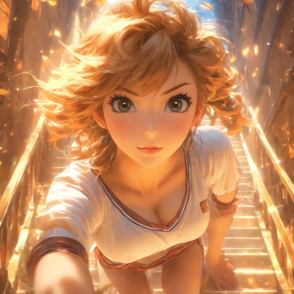 1 beautiful girl, beatiful face, (shapely body:1.2), Realistic, extremely detailed CG unified wallpapers 8k, very detailled, Raw high-definition color photos, Professional photography, realistic portrait, cinematiclight, Beautiful detailed, (beautiful breasts), (Breast cleavage:1.2), (Wide-chested uniform:1.2), (mini skirt:1.3), (white panty)、(:1.5), Cameltoe Details, Indoors, school, (Best Quality:1.4), ((Climb the stairs))、((Turn yours to me:1.5))、super detaill, hiquality, (view from bottom)