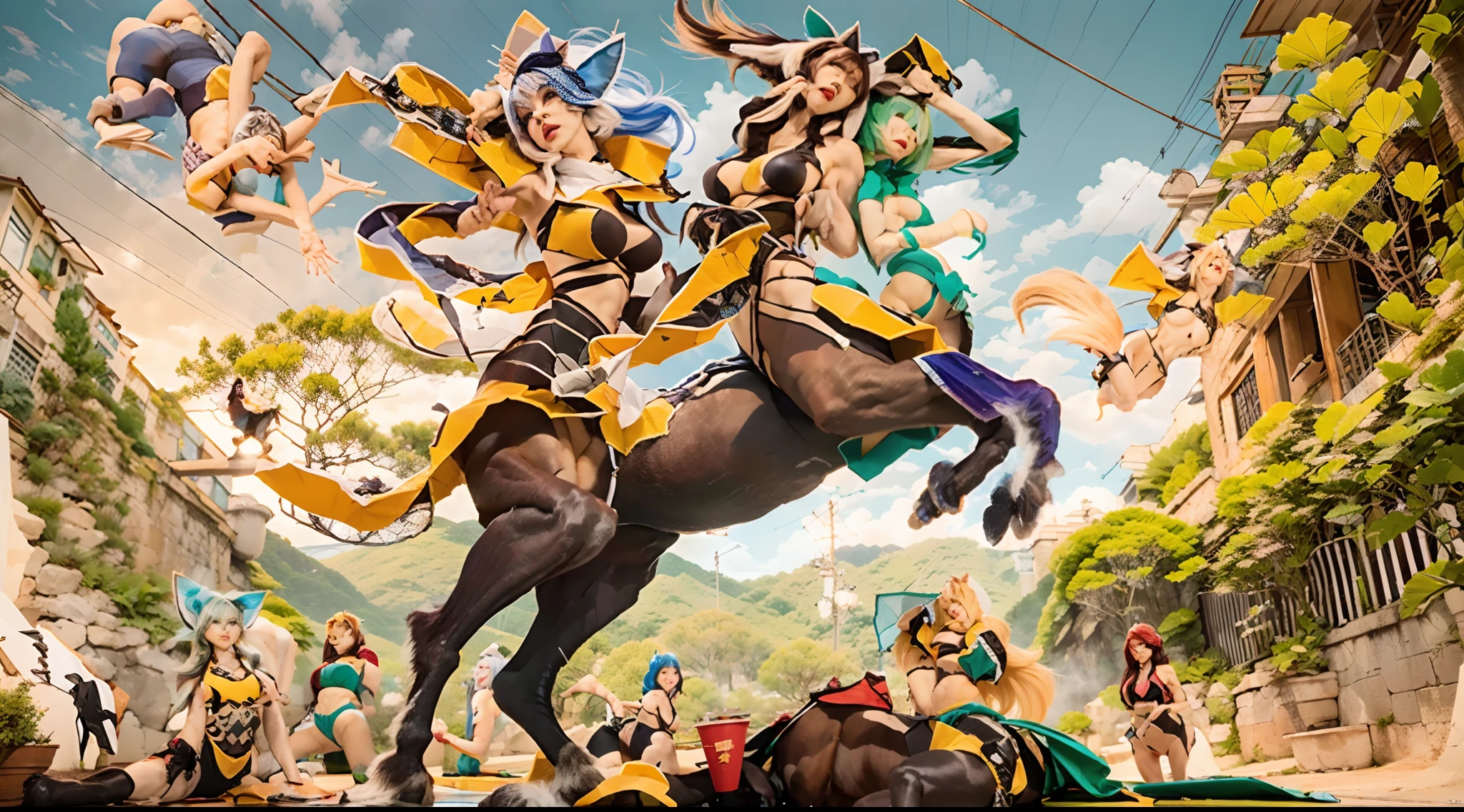 In the beautiful illustration of this super-grand scene,The ultra-distant lens shows us(Over eight separate and distinctive centaur characters:9.9),They all have their own characteristics,Vivid and interesting。Radiant from the heavens(Angelic centaurs:6.6),To nightmarish is(Centaurs surrounded by flames:6.6)、And then to the wind dancing in the air(Fairy centaurs:6.6)、And thunder and lightning surrounding(One-horned centaur:6.6),and shining metallic ones(Mechanical style centaur:6.6)、And then(A centaur with colorful dragon scales covering the whole body:6.6)The power is powerful、Elegant and agile(Elf centaur's slenderness:6.6)Gracefully wears a flower crown、Enchanting and charming(Tiflin centaurs:6.6)、Have the indescribable(Raised sexy:6.6)'s(Succubus centaurs:6.6)。Each character has their own unique charms and abilities。The illustration uses advanced artistic techniques and tools,(Divide the scene into sections by geometric arrangement:9.9),Each section corresponds to a centaur character,This makes more efficient use of space。Through Midjourney's advanced brush tools、Color palette、Material packs and model packs、Texture tools,For each centaur, beautiful props are designed to increase racial characteristics、Clothing and physical features,(Enhances the character's personality and visual appeal:2.5),The scenery in the illustrations is stunning,There are changing skies、rainbowing、extreme light、Stars and Moon。Incorporating iconic landmarks such as Mount Everest,and fireworks、tranquil lake、Natural and urban elements of waves and neon lights,Creates a magical atmosphere,The centaurs display their unique abilities and equipment in a variety of environments,This is true even in extreme alien landscapes。(Use Midjourney's tools、Material packs、Texture tools、The color palette makes depicting details vivid and realistic:9.9),From complex hairstyles and as well as different racial traits、Body、Appearance features、Clothing to real textures,This greatly enhances the realism of the cha