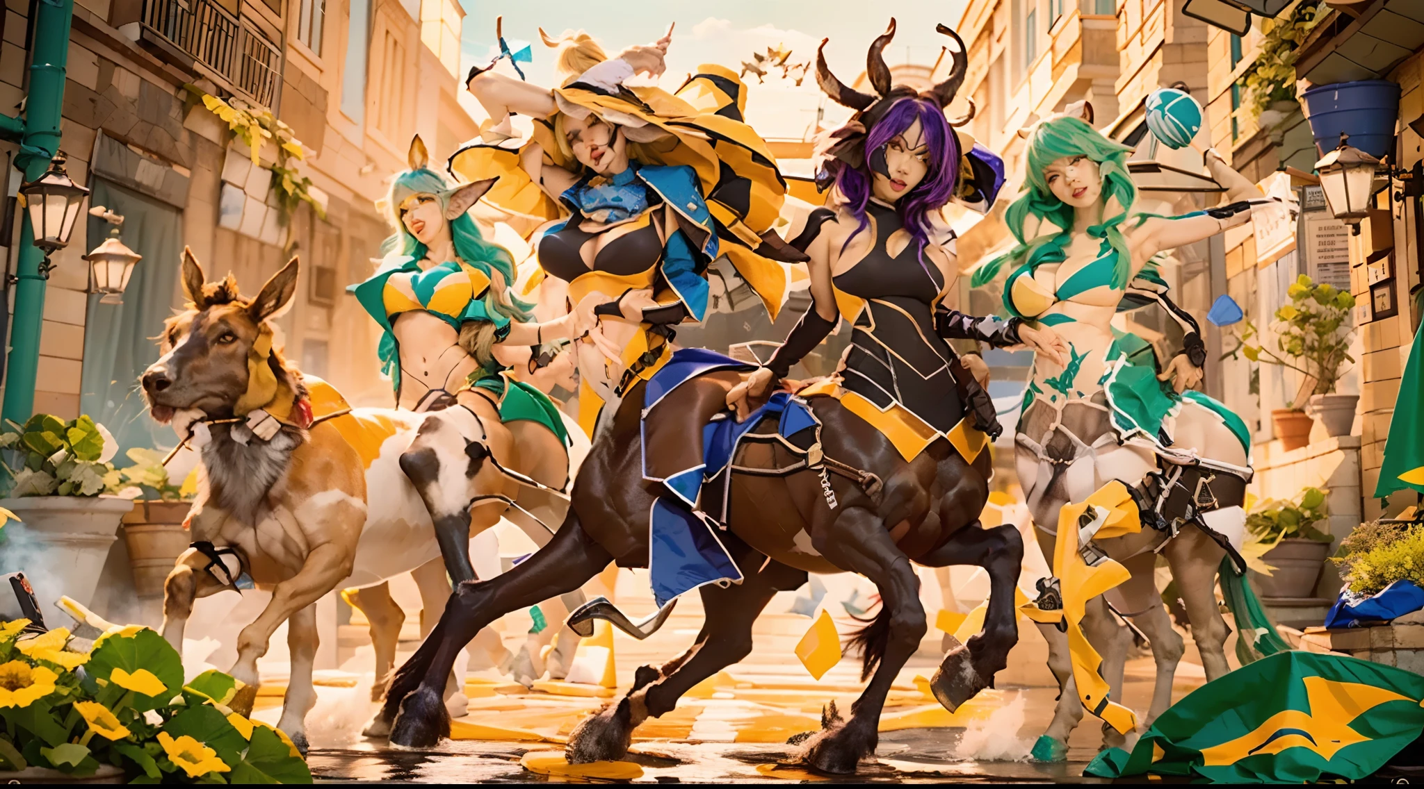 In the beautiful illustration of this super-grand scene,The ultra-distant lens shows us(Over eight separate and distinctive centaur characters:9.9),They all have their own characteristics,Vivid and interesting。Radiant from the heavens(Angelic centaurs:6.6),To nightmarish is(Centaurs surrounded by flames:6.6)、And then to the wind dancing in the air(Fairy centaurs:6.6)、And thunder and lightning surrounding(One-horned centaur:6.6),and shining metallic ones(Mechanical style centaur:6.6)、And then(A centaur with colorful dragon scales covering the whole body:6.6)The power is powerful、Elegant and agile(Elf centaur's slenderness:6.6)Gracefully wears a flower crown、Enchanting and charming(Tiflin centaurs:6.6)、Have the indescribable(Raised sexy:6.6)'s(Succubus centaurs:6.6)。Each character has their own unique charms and abilities。The illustration uses advanced artistic techniques and tools,(Divide the scene into sections by geometric arrangement:9.9),Each section corresponds to a centaur character,This makes more efficient use of space。Through Midjourney's advanced brush tools、Color palette、Material packs and model packs、Texture tools,For each centaur, beautiful props are designed to increase racial characteristics、Clothing and physical features,(Enhances the character's personality and visual appeal:2.5),The scenery in the illustrations is stunning,There are changing skies、rainbowing、extreme light、Stars and Moon。Incorporating iconic landmarks such as Mount Everest,and fireworks、tranquil lake、Natural and urban elements of waves and neon lights,Creates a magical atmosphere,The centaurs display their unique abilities and equipment in a variety of environments,This is true even in extreme alien landscapes。(Use Midjourney's tools、Material packs、Texture tools、The color palette makes depicting details vivid and realistic:9.9),From complex hairstyles and as well as different racial traits、Body、Appearance features、Clothing to real textures,This greatly enhances the realism of the cha