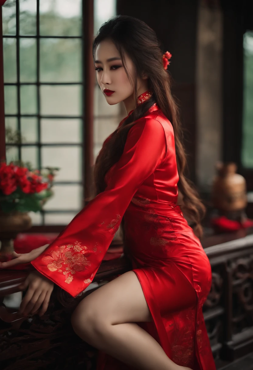 oriental girl,Lewdness,Red cheongsam swimsuit,Long flowing hair,clothes wet
