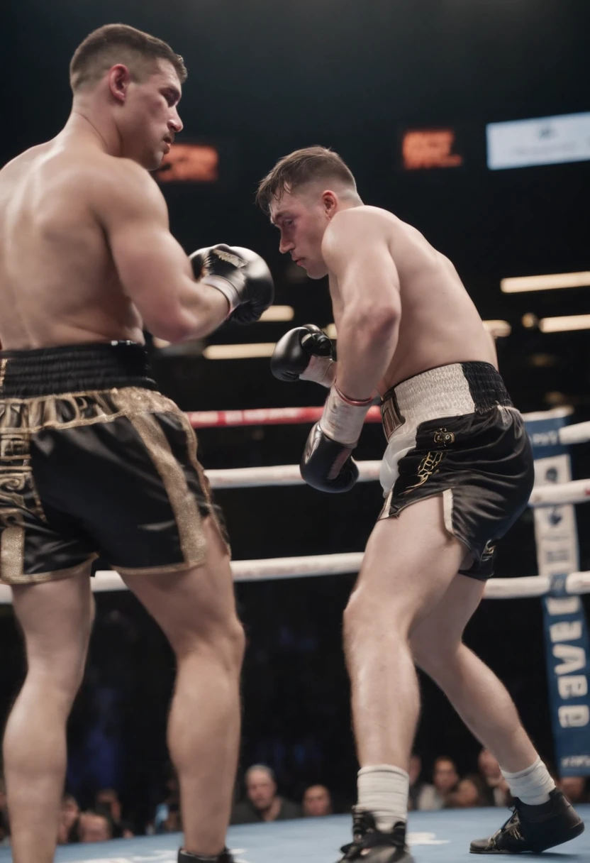 Two boxers stand in front of each other, completely revealing their full faces, with clear facial details, octagonal fighting arena, fat figure, one boxer is tall and fair-skinned, the other boxer is slender and spotlighted, there is no one else in the ring, the audience is crowded, magical reality style, 8K, masterpiece