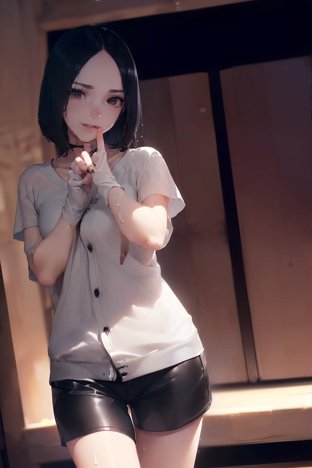 masterpiece, highly detailed, best quality, 1girl, solo, Luna, tucked short black hair, red eyes, blunt bangs