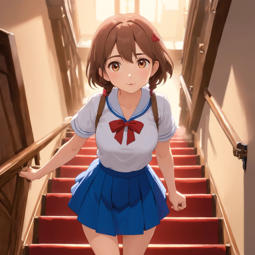 1 beautiful girl, beatiful face, (shapely body:1.2), Realistic, extremely detailed CG unified wallpapers 8k, very detailled, Raw high-definition color photos, Professional photography, realistic portrait, cinematiclight, Beautiful detailed, (beautiful breasts), (Breast cleavage:1.2), (Broad-chested uniform:1.2), (mini skirt:1.3), (white panty)、(:1.5), Cameltoe Details, Indoors, school, (Best Quality:1.4), ((Climb the stairs))、((Turn yours to me:1.5))、super detaill, hiquality, (view from bottom)
