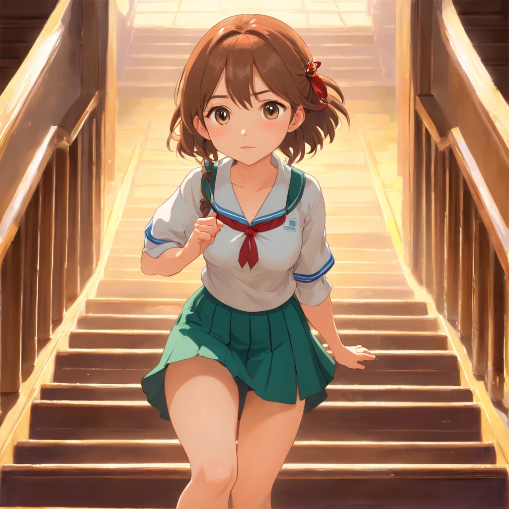 1 beautiful girl, beatiful face, (shapely body:1.2), Realistic, extremely detailed CG unified wallpapers 8k, very detailled, Raw high-definition color photos, Professional photography, realistic portrait, cinematiclight, Beautiful detailed, (beautiful breasts), (Breast cleavage:1.2), (Broad-chested uniform:1.2), (mini skirt:1.3), (white panty)、(:1.5), Cameltoe Details, Indoors, school, (Best Quality:1.4), ((Climb the stairs))、((Turn yours to me:1.5))、super detaill, hiquality, (view from bottom)