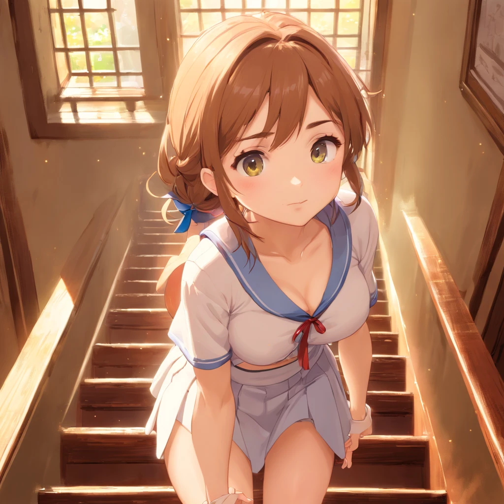 1 beautiful girl, beatiful face, (shapely body:1.2), Realistic, extremely detailed CG unified wallpapers 8k, very detailled, Raw high-definition color photos, Professional photography, realistic portrait, cinematiclight, Beautiful detailed, (beautiful breasts), (Breast cleavage:1.2), (Broad-chested uniform:1.2), (mini skirt:1.3), (white panty)、(:1.5), Cameltoe Details, Indoors, school, (Best Quality:1.4), ((Climb the stairs))、((Turn yours to me:1.5))、super detaill, hiquality, (view from bottom)