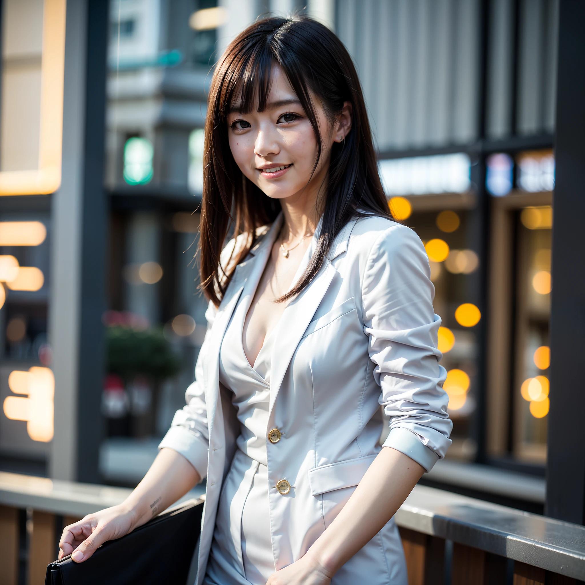 top-quality, masterpiece, (Photorealsitic:1.4), ultra-detailliert, Raw photo, girl with, 独奏, A smile, Dressed in a suit, portlate, a closeup, City background, natural soft light, bokeh dof