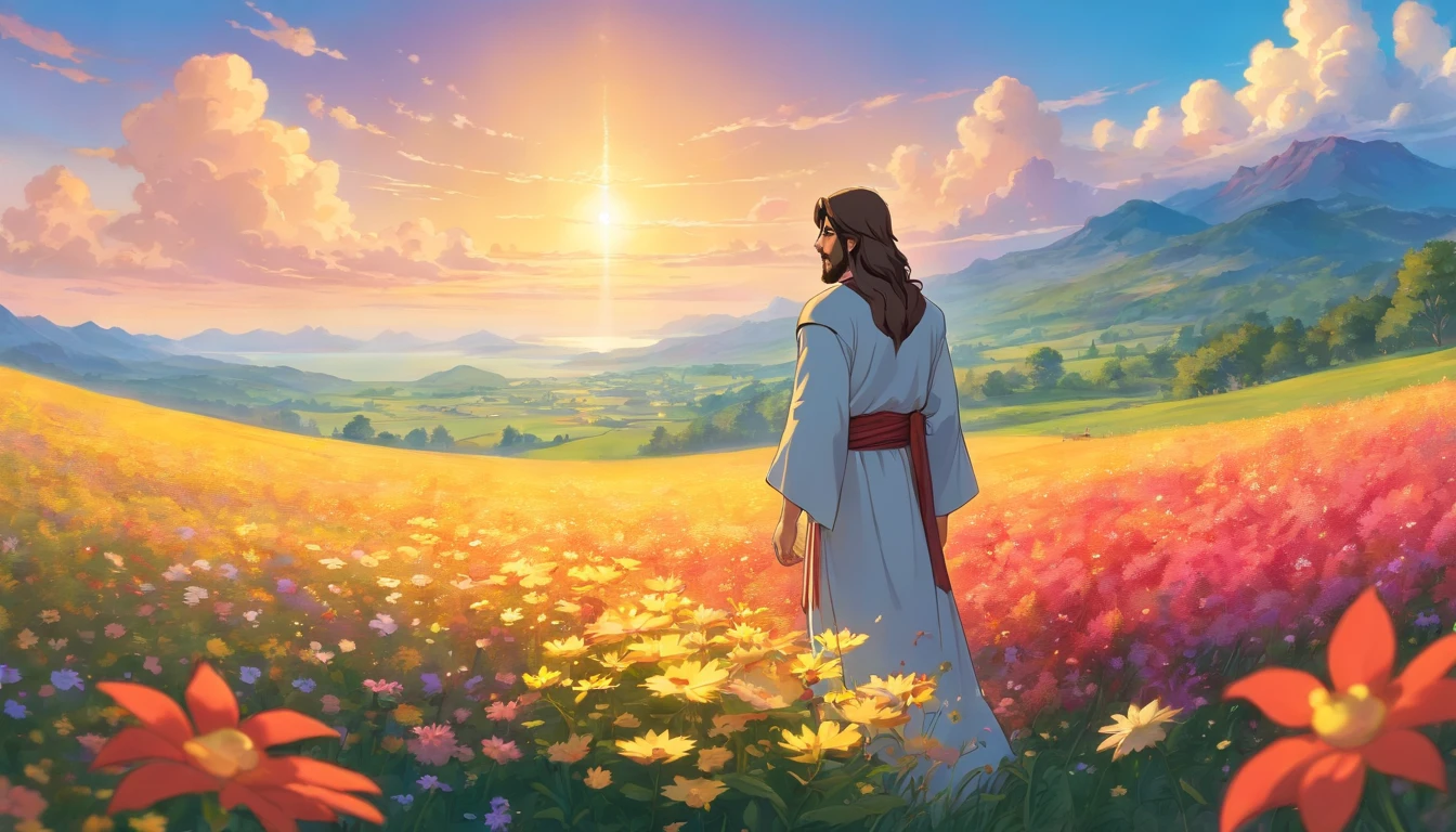 a painting of Jesus standing in a field of flowers, inspired by Christophe Vacher, his mind contemplating eternity, by Christophe Vacher, greg olsen, beautiful art uhd 4 k, background artwork, beautiful depiction, mystical scene, dreamy scene, detailed fantasy digital art, very beautiful fantasy art, mystical puri
