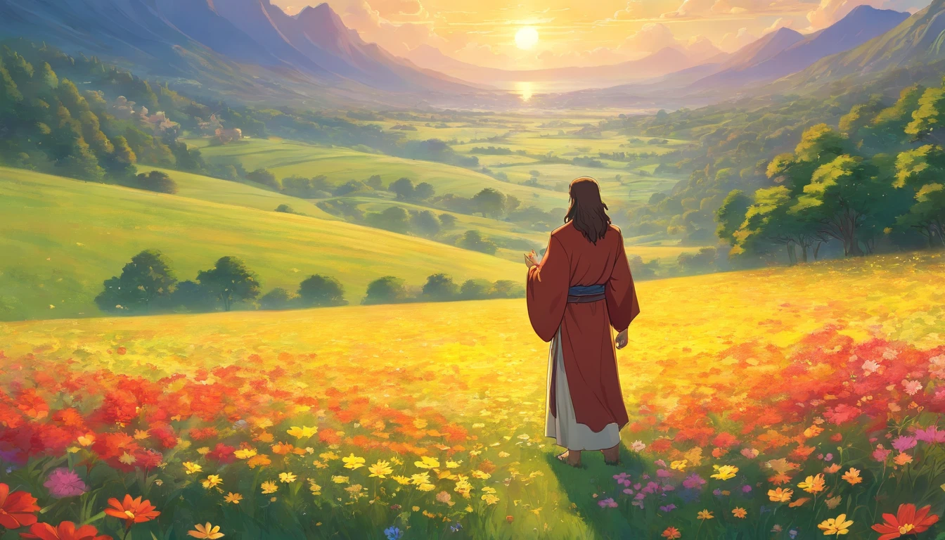a painting of Jesus standing in a field of flowers, inspired by Christophe Vacher, his mind contemplating eternity, by Christophe Vacher, greg olsen, beautiful art uhd 4 k, background artwork, beautiful depiction, mystical scene, dreamy scene, detailed fantasy digital art, very beautiful fantasy art, mystical puri