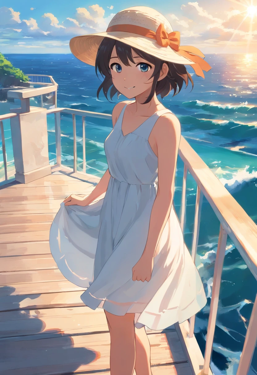 1girl, the ocean, railing, white dresses, Sun hat, ssmile, (realistic:0.75), (waving:0.9),