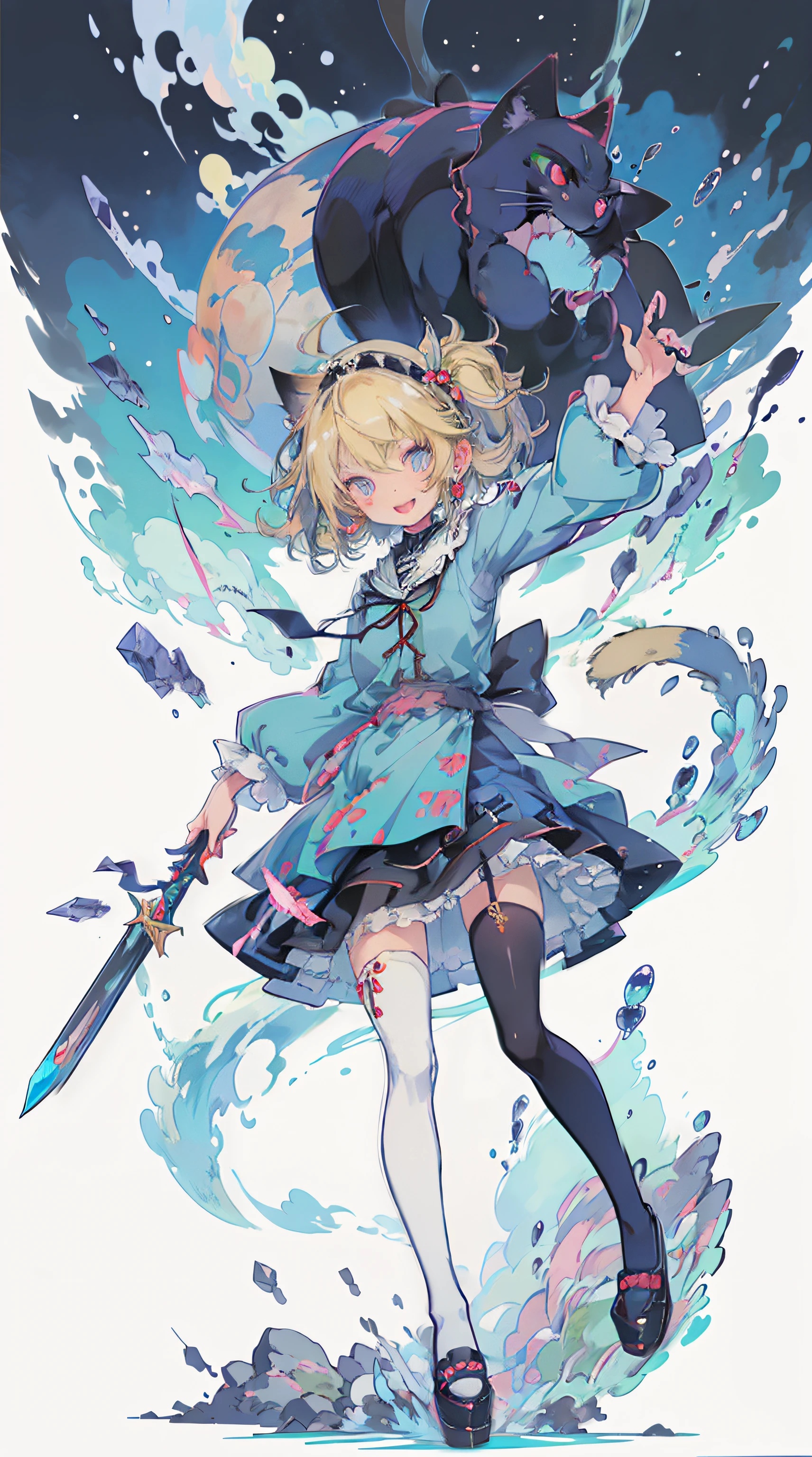((masutepiece, Best Quality: 1.1), ((Anime girl in blue dress with magic wand)), anime cat girl in a maid costume, Lori, ((a blond))、The long-haired、Very Beautiful Anime Cat Girl, anime catgirl, ((white knee highs)), attractive cat girl, inspired by Leiko Ikemura, aya takano color style, in ryuuou no oshigoto art style, Cat Girl, touhou character, Rei Hiroe、With a smile