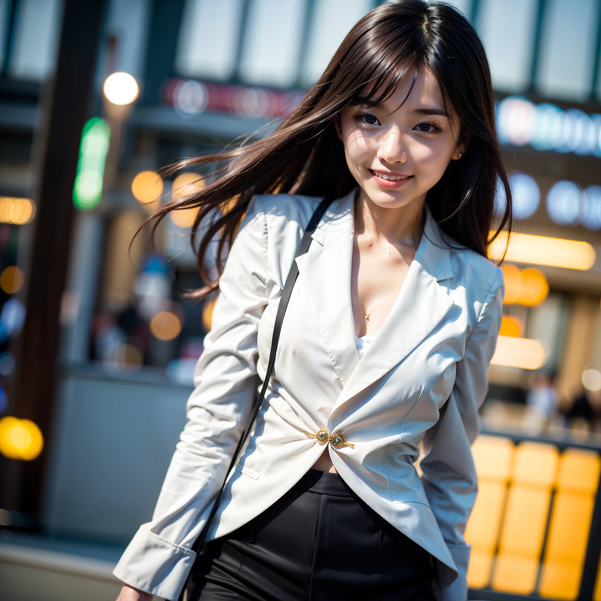 top-quality, ​masterpiece, (Photorealsitic:1.4), ultra-detailliert, Raw photo, girl with, 独奏, A smile, Dressed in a suit, portlate, a closeup, City background, natural soft light, bokeh dof