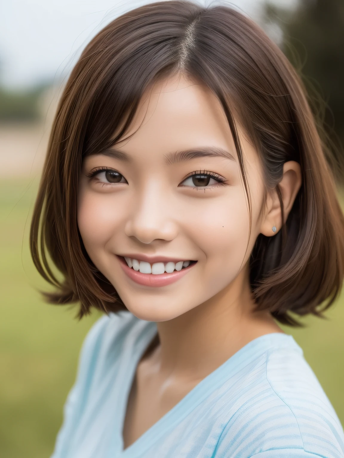 qualidade superior、obra prima、alta resolução、1girl em、solo、Foto RAW、pessoa real、pele detalhada、Japoneses、cabelo bege、cachos finos de franja、atalho、Fotos frontais、foto de corpo inteiro、camisa branca、Quarto Branco、Paredes brancas、medium-length hair、cabelo perm, sorrindo, sorriso belo