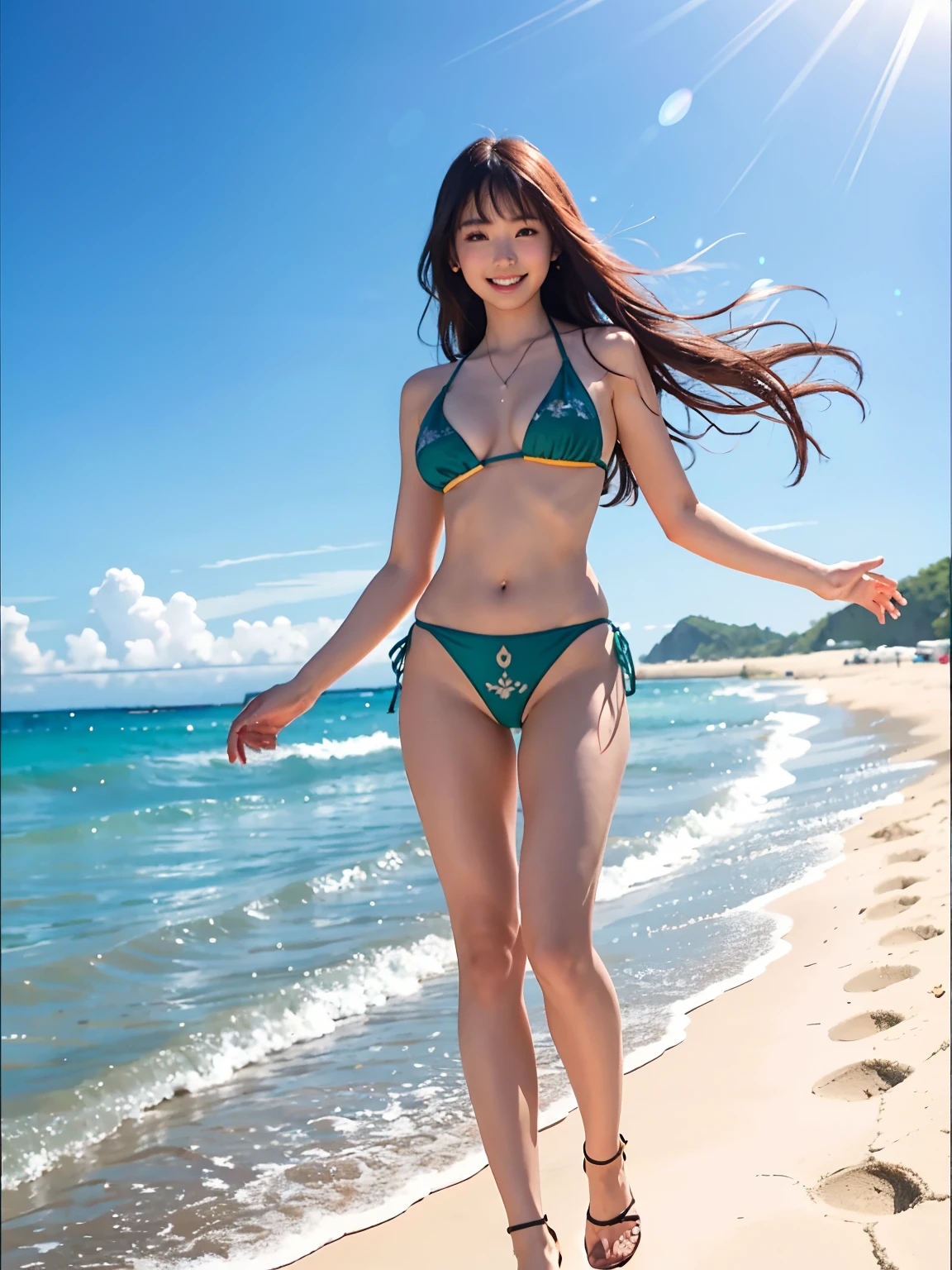 masterpiece, realisitic, surrealistic, top-quality, camera photo、 length hair, A dark-haired, Hair that flutters in the wind, Bikini swimwear, full body Esbian, (A smile), the wind, Raw photography, Delicate, (intricate-detail:1.3), Hyper-detailing, finely detail, colourfull, darker shadows, 1girl in, 独奏, 8K UHD, film grains, (Photorealsitic:1.3), (More skin:1.2), Beautiful details, Skin Texture, rays of sunshine, Beach、Beach、The sun is dazzling、sunny sky
