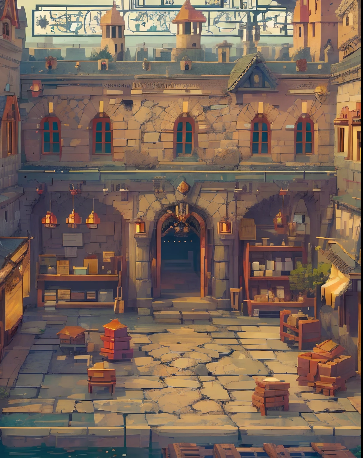 background, pixel art, game design, game background, intricate, market, the interior of a castle plaza, houses, stone floor, masterpiece, best quality