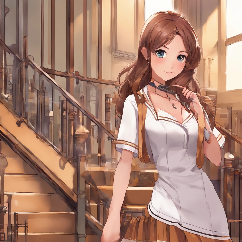 1 beautiful girl, beatiful face, (shapely body:1.2), Realistic, extremely detailed CG unified wallpapers 8k, very detailled, Raw high-definition color photos, Professional photography, realistic portrait, cinematiclight, Beautiful detailed, (beautiful breasts), (Breast cleavage:1.2), (Broad-chested uniform:1.2), (mini skirt:1.3), (white panty)、(:1.5), Cameltoe Details, Indoors, school, (Best Quality:1.4), ((Climb the stairs))、((Turn yours to me:1.5))、super detaill, hiquality, (view from bottom)
