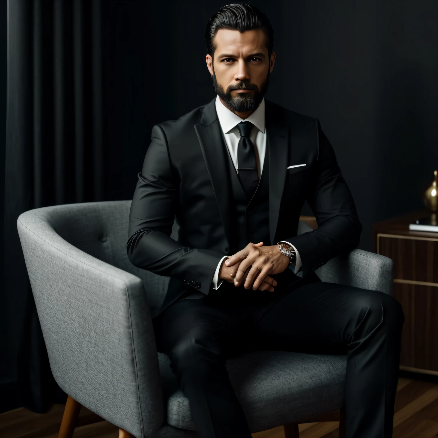 ((medio cuerpo)) Foto Hombre sentado en la silla en la oficina del CEO de RAW, con traje negro, (Usa una barba densa) Movie scene, (Impecable) ,Hombre serio y elegante, , con cejas masculinas gruesas, (con una cara misteriosa y seria,) cabello corto y oscuro, Imagen de fondo negro oscuro, elegante, ( Alta calidad, true-to-life visuals), ((La mejor calidad, 8k, Masutepiece)