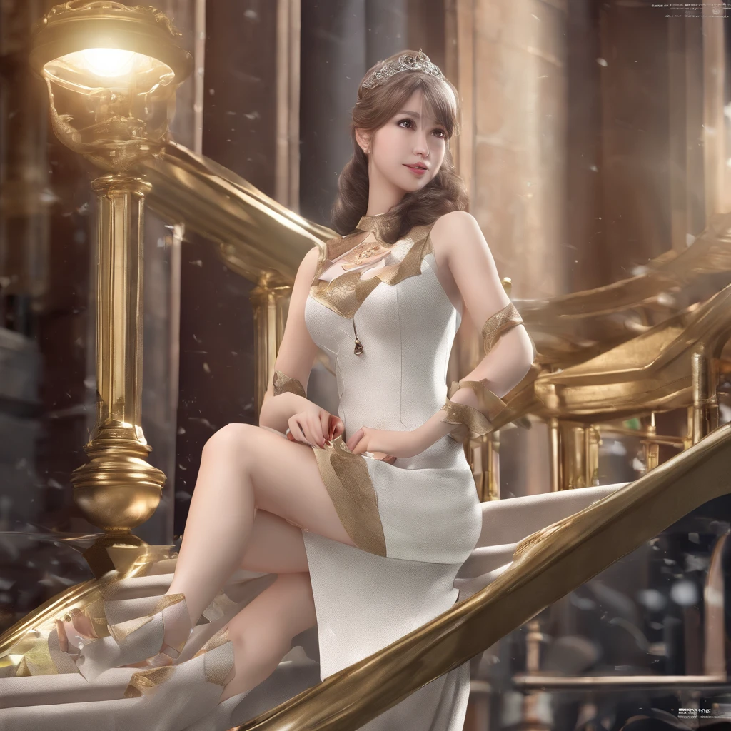1 beautiful girl, beatiful face, (shapely body:1.2), Realistic, extremely detailed CG unified wallpapers 8k, very detailled, Raw high-definition color photos, Professional photography, realistic portrait, cinematiclight, Beautiful detailed, (beautiful breasts), (Breast cleavage:1.2), (Broad-chested uniform:1.2), (mini skirt:1.3), (white panty)、(:1.5), Cameltoe Details, Indoors, school, (Best Quality:1.4), ((Climb the stairs))、((Turn yours to me:1.5))、super detaill, hiquality, (view from bottom)