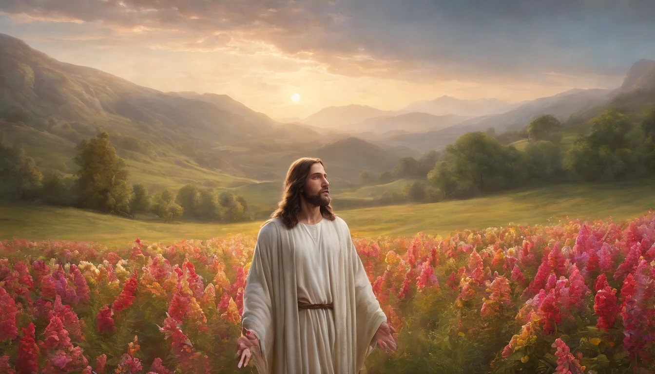 a painting of Jesus standing in a field of flowers, inspired by Christophe Vacher, his mind contemplating eternity, by Christophe Vacher, greg olsen, beautiful art uhd 4 k, background artwork, beautiful depiction, mystical scene, dreamy scene, detailed fantasy digital art, very beautiful fantasy art, mystical puri