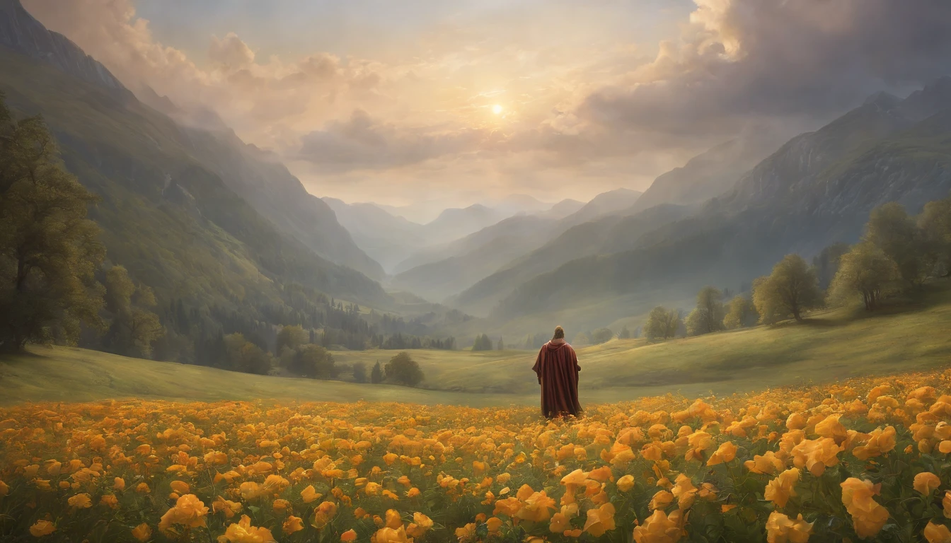 a painting of Jesus standing in a field of flowers, inspired by Christophe Vacher, his mind contemplating eternity, by Christophe Vacher, greg olsen, beautiful art uhd 4 k, background artwork, beautiful depiction, mystical scene, dreamy scene, detailed fantasy digital art, very beautiful fantasy art, mystical puri