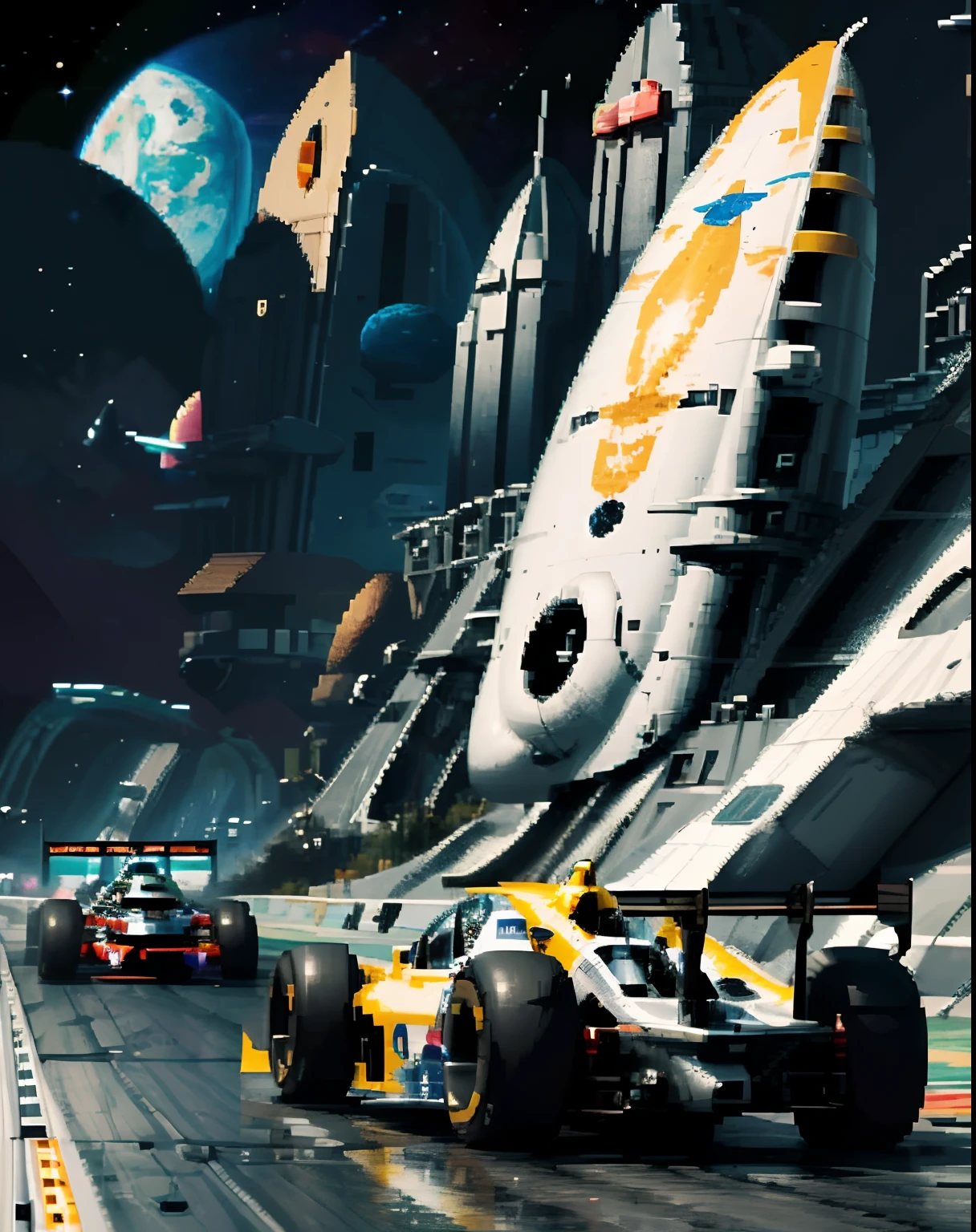 pixel art, 8 bit, game design, game background, intricate, racing game, ((space ships racing game)), from behind, futuristic, f-zero racing, wide angle lens, speed effect, masterpiece, best quality