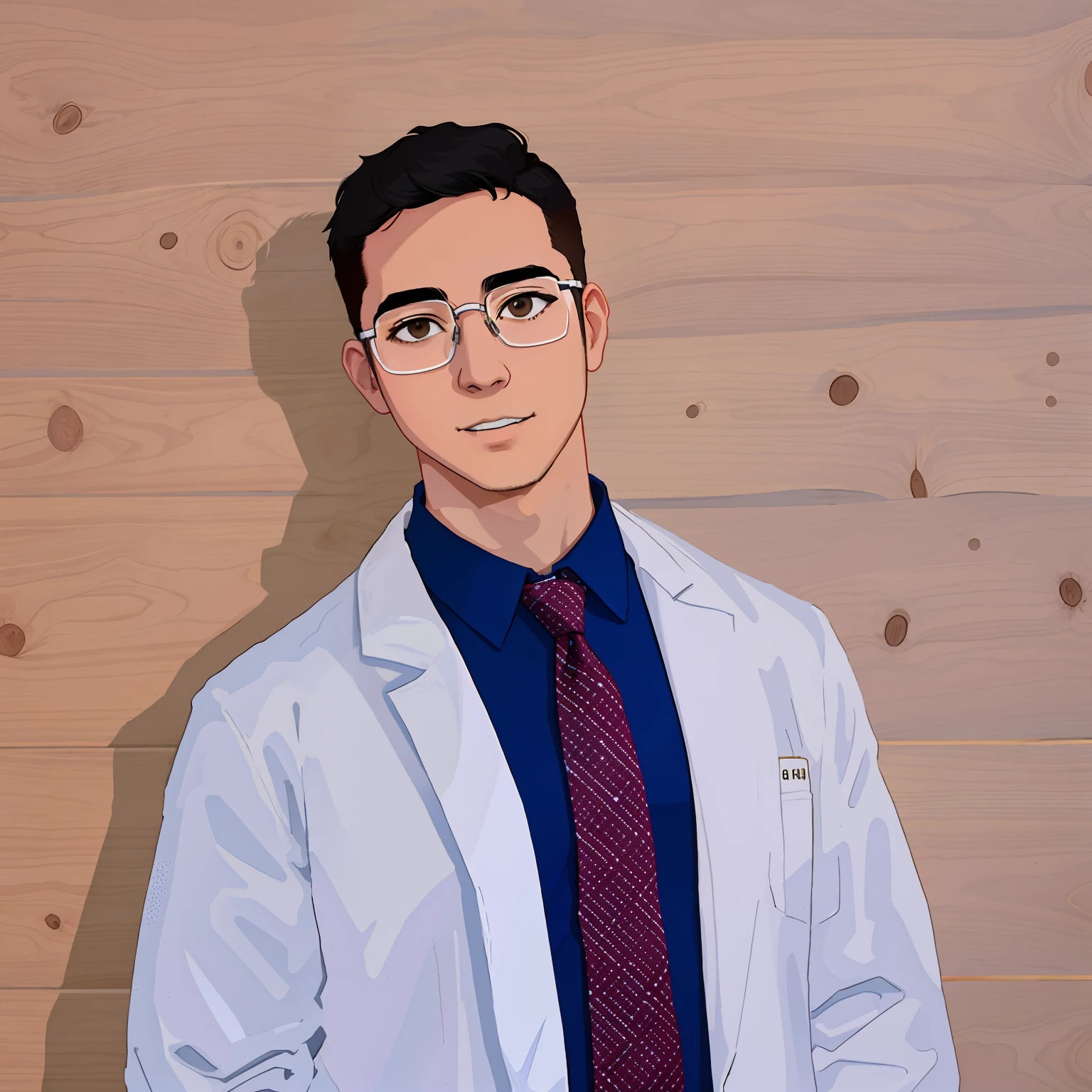 arafed male in a white lab coat and tie standing in front of a wooden wall, wearing lab coat, wearing lab coat and glasses, with a lab coat, wearing a labcoat, wearing a white lab coat, andrew gonzalez, henry ascensio, rick dai, lab coat and tee shirt, white lab coat, david marquez, wearing a lab coat