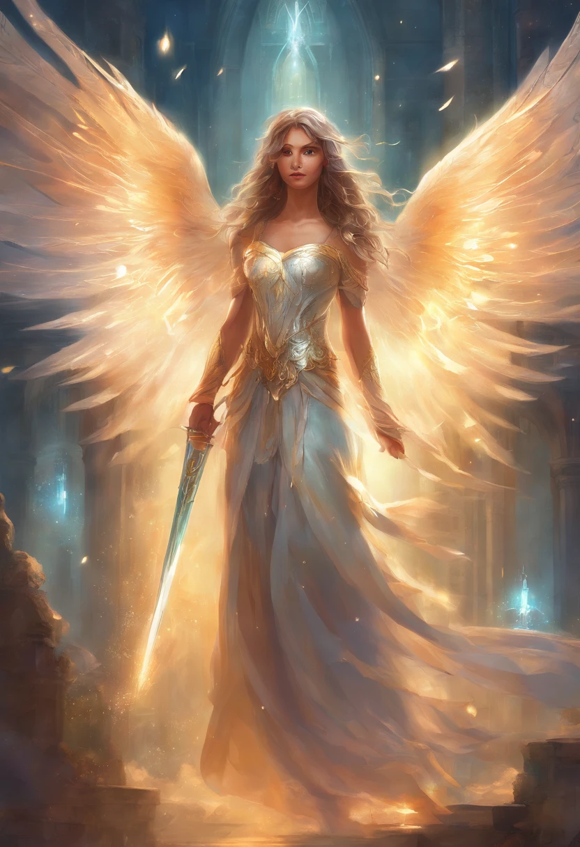 a girl in modern urbancausal clothing who's been reincarnated in spirit as an angel, a beam of holy godray lights bestow apon her whole being as she raises her holy sword with much strength