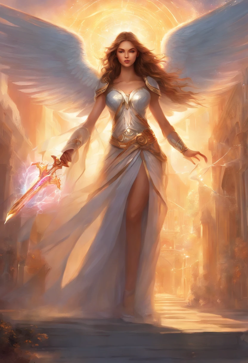 a girl in modern urbancausal clothing who's been reincarnated in spirit as an angel, a beam of holy godray lights bestow apon her whole being as she raises her holy sword with much strength
