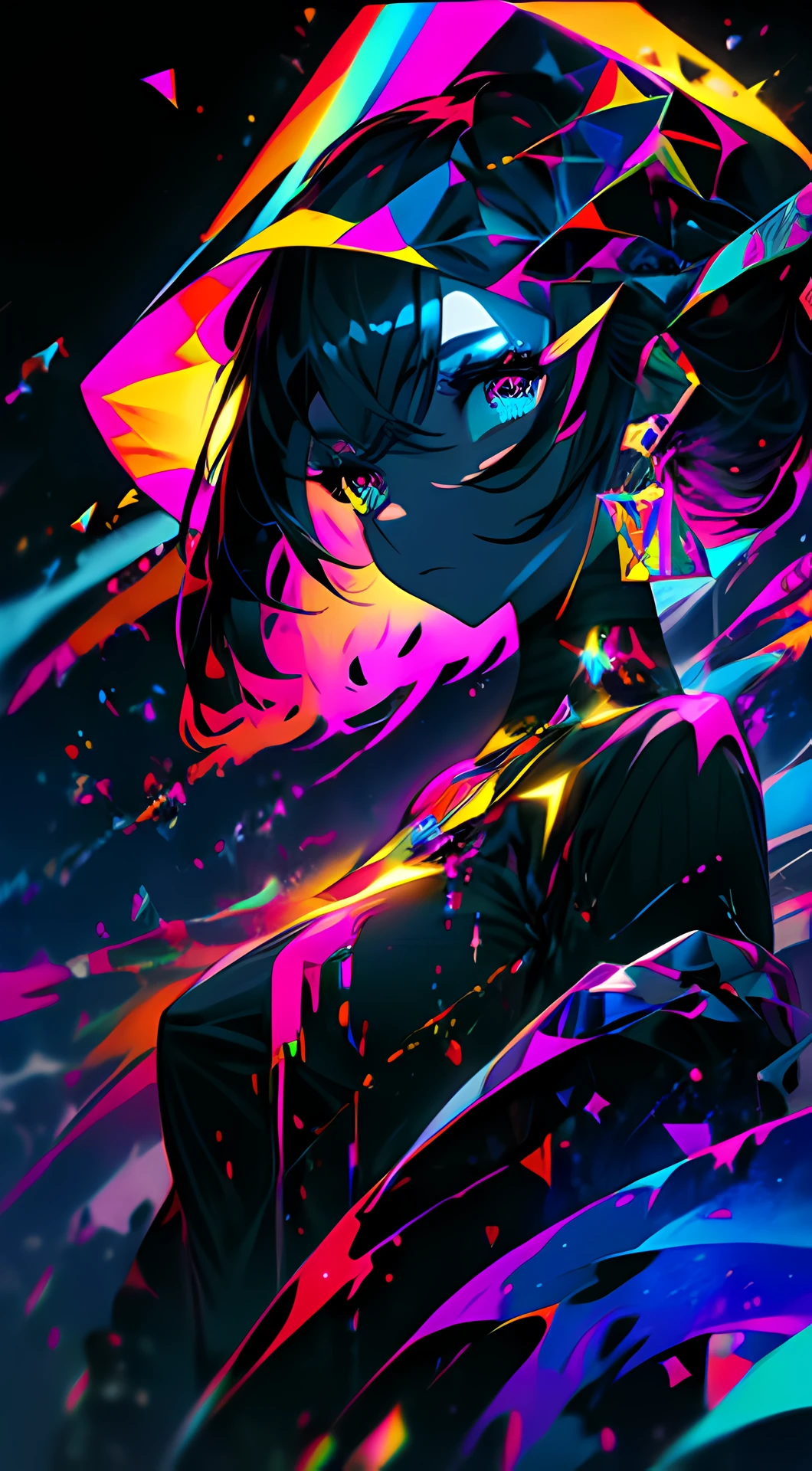 (theme: abstract, dark and vibrant colours), 1 beautiful girl, holding a skull in her hand, pro art, clear details
