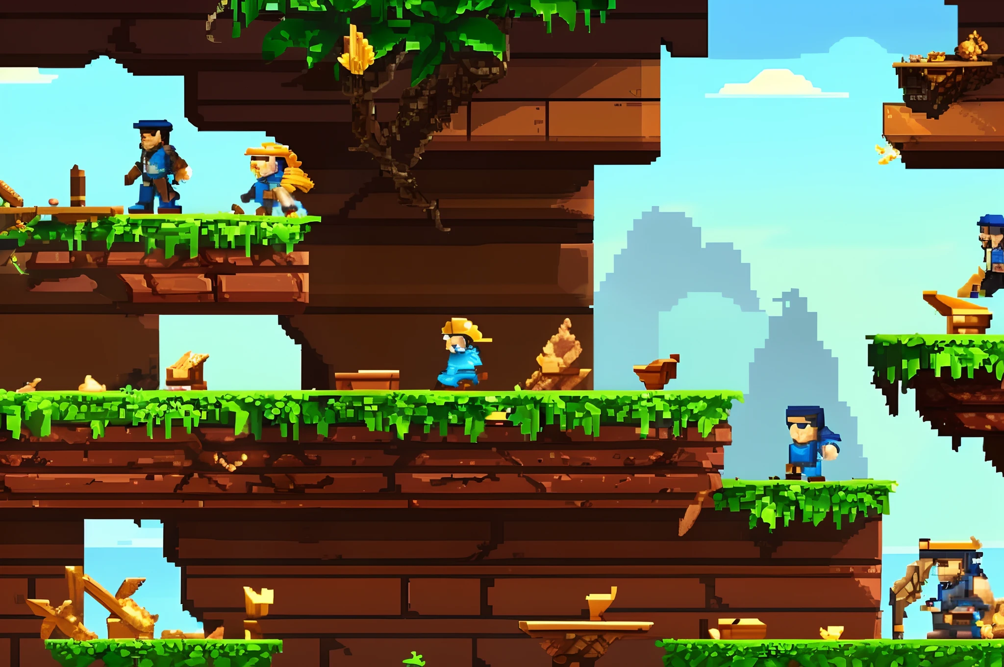 a pixel pixel game with a man standing on a cliff, plataform 2 d game, side - scrolling 2 d platformer, 2 d platformer, plataform game, tileset, 2d side scrolling game, platform game, side scroller game, videogame background, platformer, 2 d game assets, 2 d game, screenshot from the game