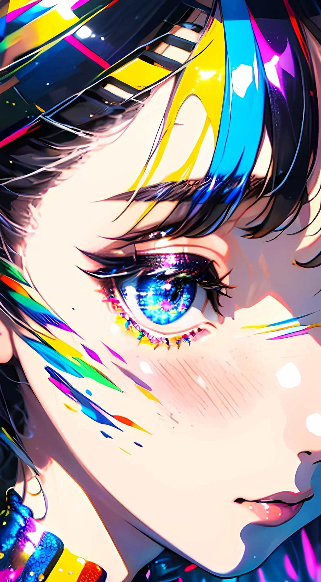 (best quality,ultra-detailed,realistic),1girl,beautiful detailed eyes,multi-colored background,multi-colored dress,clear details,beautiful art