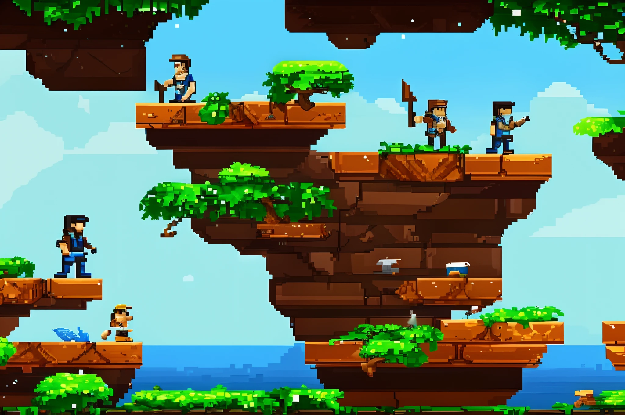 a pixel pixel game with a man standing on a cliff, plataform 2 d game, side - scrolling 2 d platformer, 2 d platformer, plataform game, tileset, 2d side scrolling game, platform game, side scroller game, videogame background, platformer, 2 d game assets, 2 d game, screenshot from the game