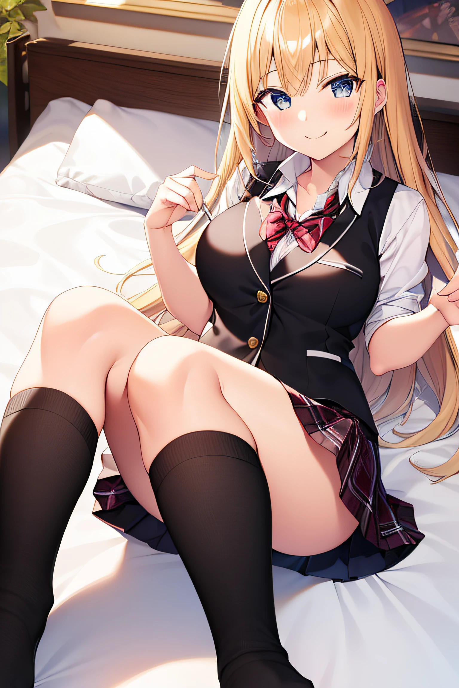 1girl in, (Ultra-high image quality,masutepiece:1.2), spread legswide,plaid skirts,School uniform,Smiling,on the beds,(Black socks:1.4),8K