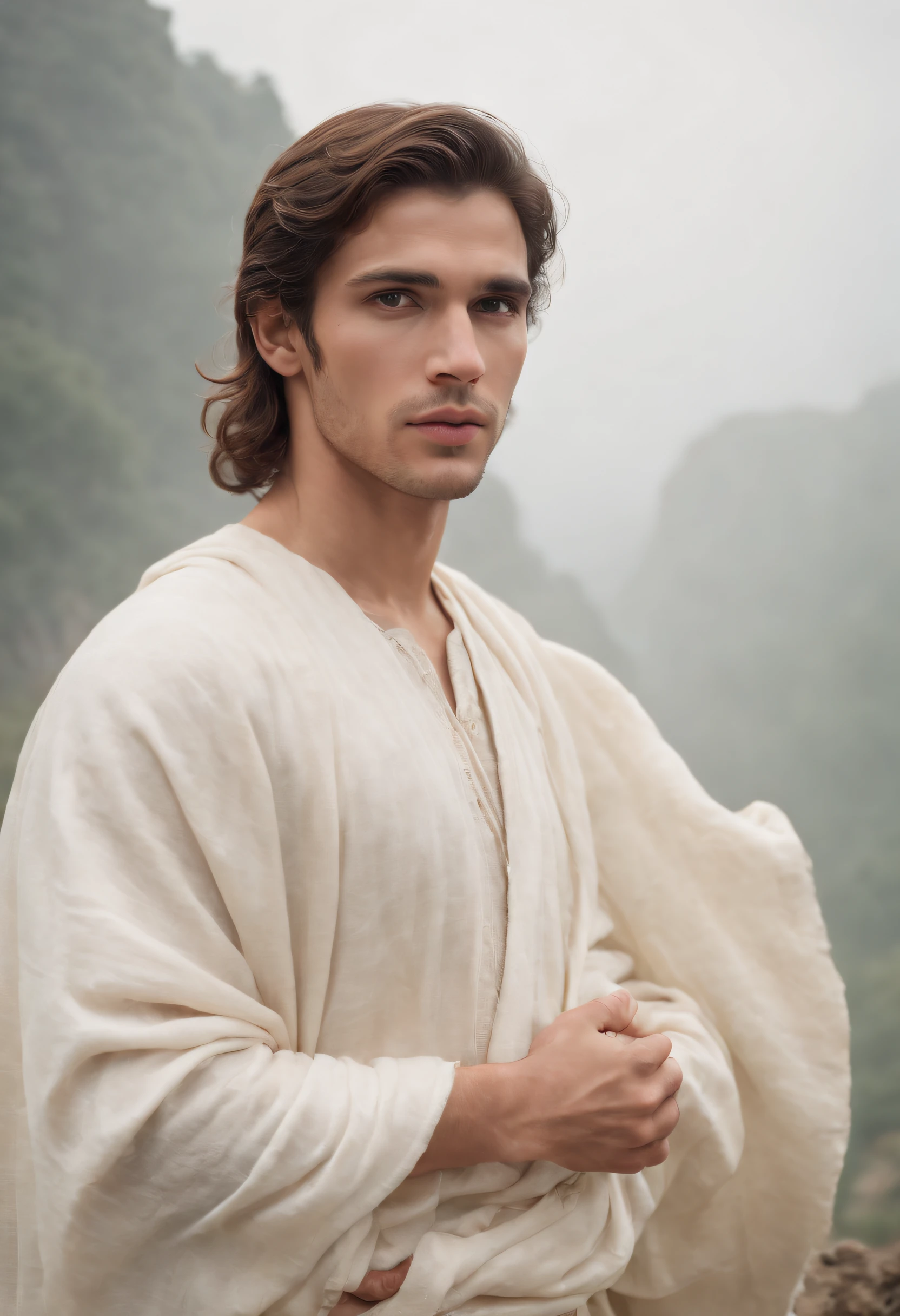 an artistic representation in the style an ancient young male human that depicts innocent looking man, close up of 1 man, attractive, of tunisian descent, barbarian standing, a daylight, beautiful face, white sky, (oil painting), wearing white robes, classical art:0.4, detailed, intricate, (fantasy art), muted color:0.25, best quality, good anatomy, good composition, good proportions, good design, dynamic pose, good pose, foggy cloud backgrounds, (cinematic), (highest quality, award winning, masterpiece:1.3), (((natural colors))), (photorealistic:1.4), ((empty hands, holding nothing)), in the style of british artist John Martin