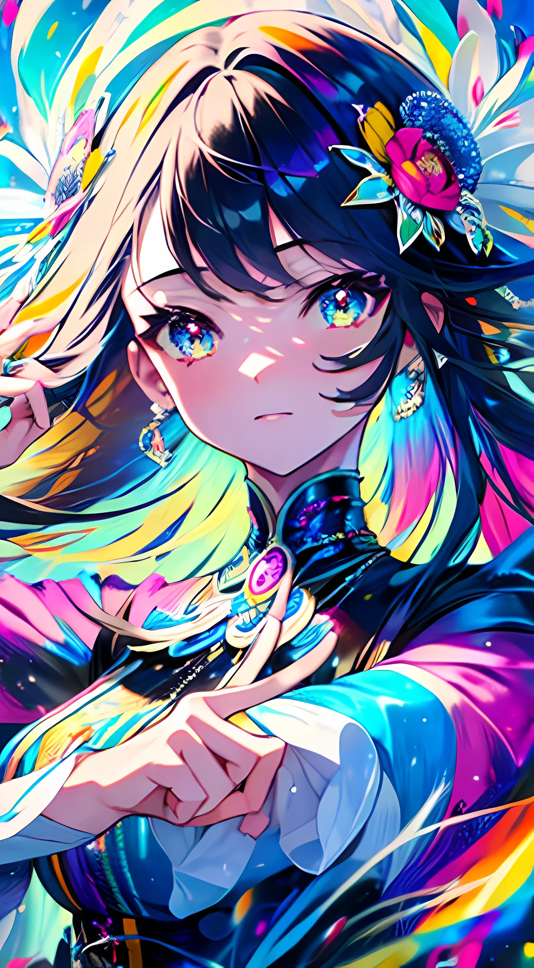 (best quality,ultra-detailed),1girl,beautiful detailed background,multi-colored dress,clear details,beautiful art, (surrounded by multi-colored flower