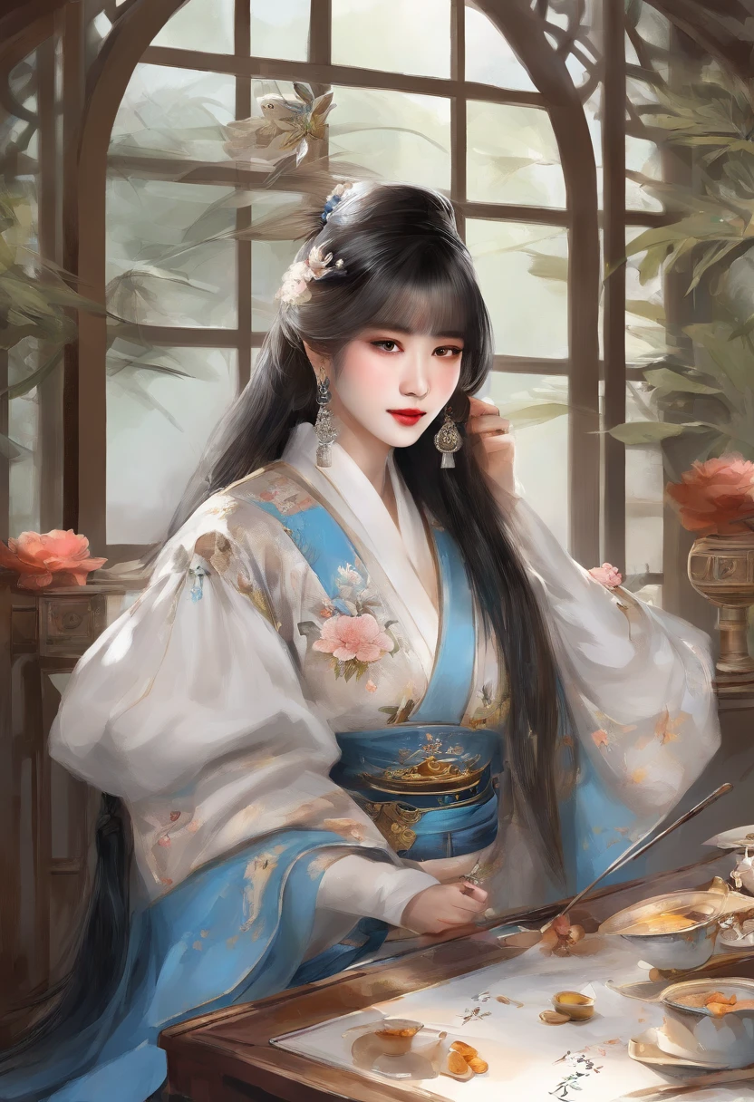 Anime girl sitting on table，There were flowers and a teapot, Palace ， A girl in Hanfu, by Yang J, G Liulian art style, Guviz-style artwork, ((a beautiful fantasy empress)), Onmyoji detailed art, Beautiful character painting, drak, 8K high quality detailed art, Kawasi, heise jinyao，Exquisite and perfect facial features，美丽细致的眼睛，long eyelasher，Delicate eyeliner，almond eyes，Blue eyes，Dark pupils，There are bright spots in the eyes，Beautiful lip details，8K high-definition，anatomy correct，Oil painting thick painting style