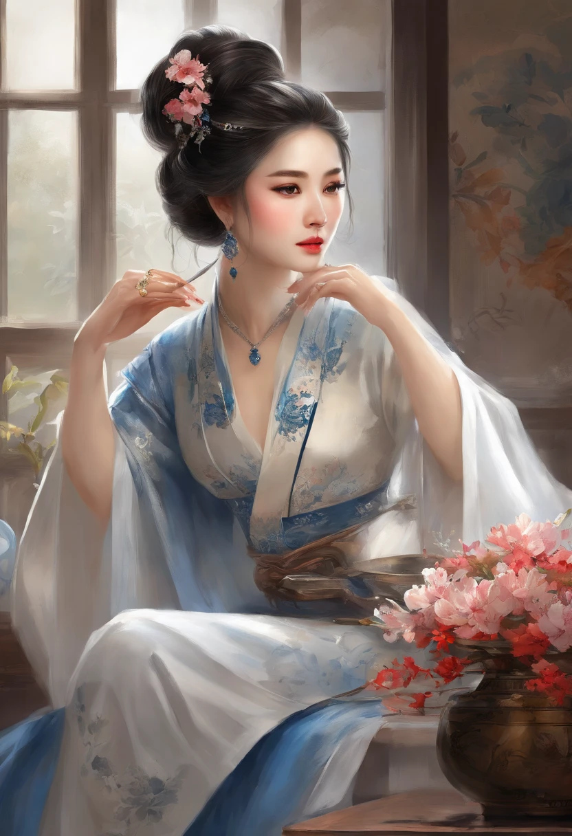 Anime girl sitting on table，There were flowers and a teapot, Palace ， A girl in Hanfu, by Yang J, G Liulian art style, Guviz-style artwork, ((a beautiful fantasy empress)), Onmyoji detailed art, Beautiful character painting, drak, 8K high quality detailed art, Kawasi, heise jinyao，Exquisite and perfect facial features，美丽细致的眼睛，long eyelasher，Delicate eyeliner，almond eyes，Blue eyes，Dark pupils，There are bright spots in the eyes，Beautiful lip details，8K high-definition，anatomy correct，Oil painting thick painting style