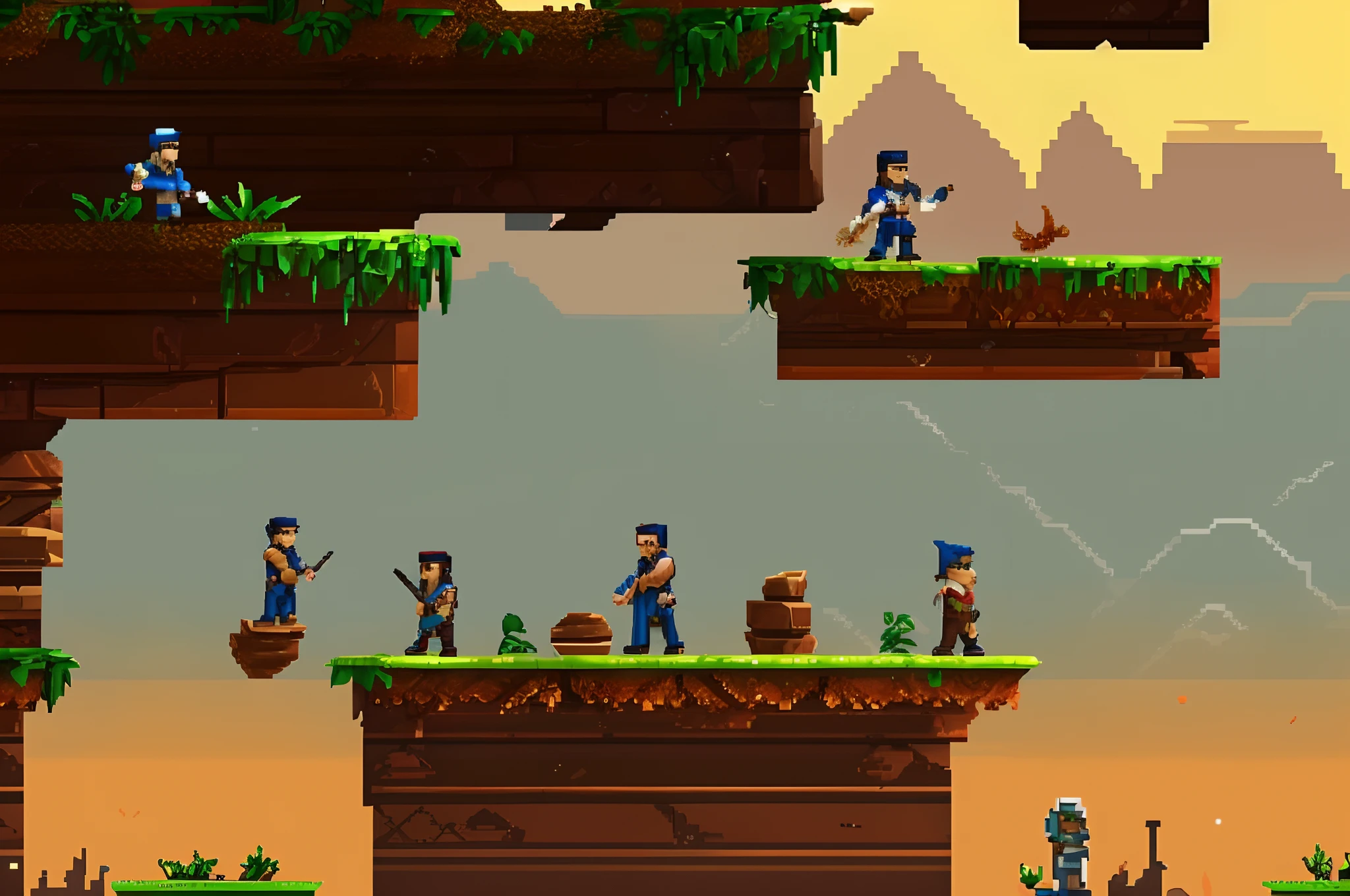 a pixel pixel game with a man standing on a cliff, plataform 2 d game, side - scrolling 2 d platformer, 2 d platformer, plataform game, tileset, 2d side scrolling game, platform game, side scroller game, videogame background, platformer, 2 d game assets, 2 d game, screenshot from the game