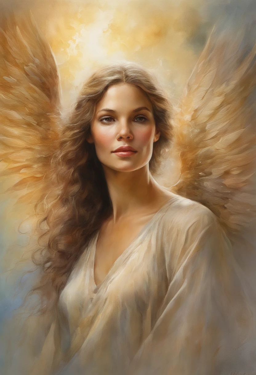 a far waya shot of a girl in causal clothing who's been reincarnated in spirit as an angel, a beam of holy godray lights falls gracefully from the heavens to bestow apon her whole being as she glows inb the holy light and raises her holy sword with much strength