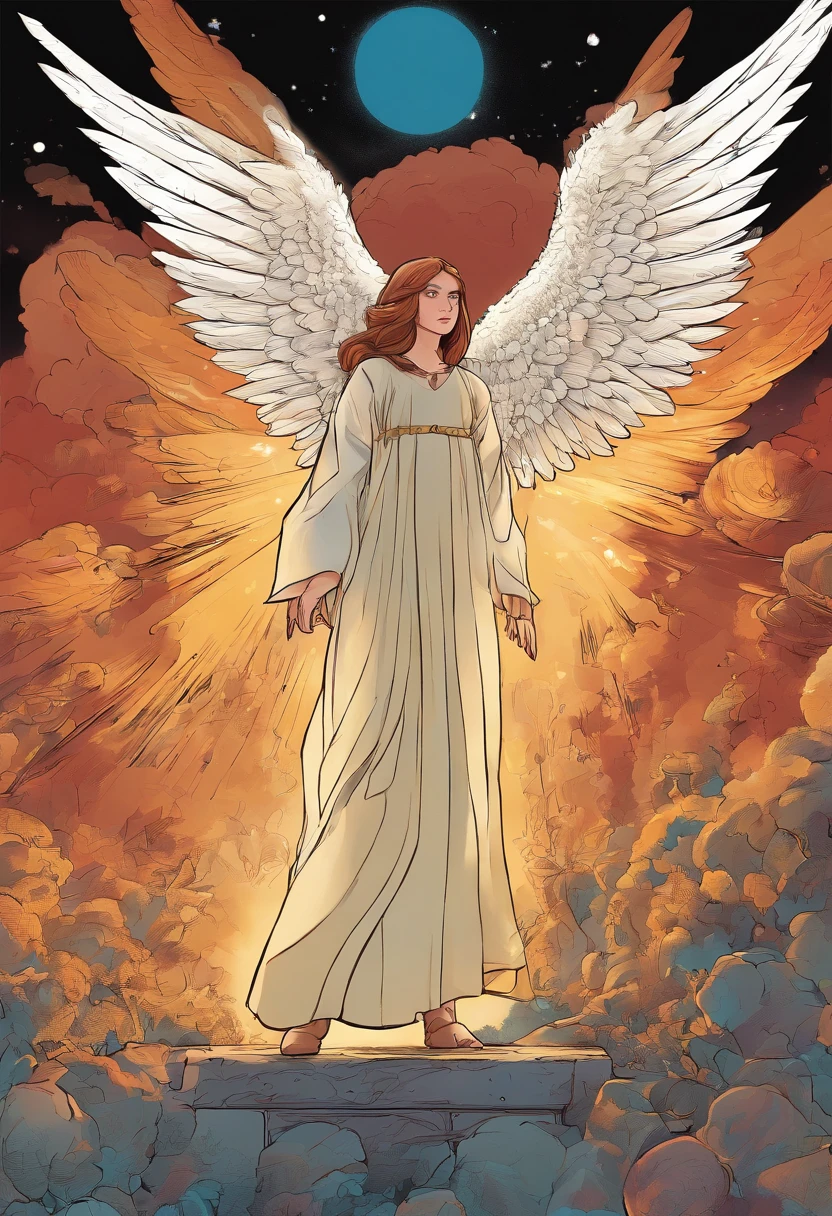 a far waya shot of a girl in causal clothing who's been reincarnated in spirit as an angel, a beam of holy godray lights falls gracefully from the heavens to bestow apon her whole being as she glows inb the holy light and raises her holy sword with much strength