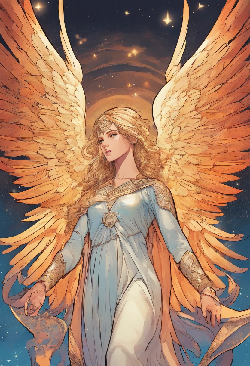 a far waya shot of a girl in causal clothing who's been reincarnated in spirit as an angel, a beam of holy godray lights falls gracefully from the heavens to bestow apon her whole being as she glows inb the holy light and raises her holy sword with much strength