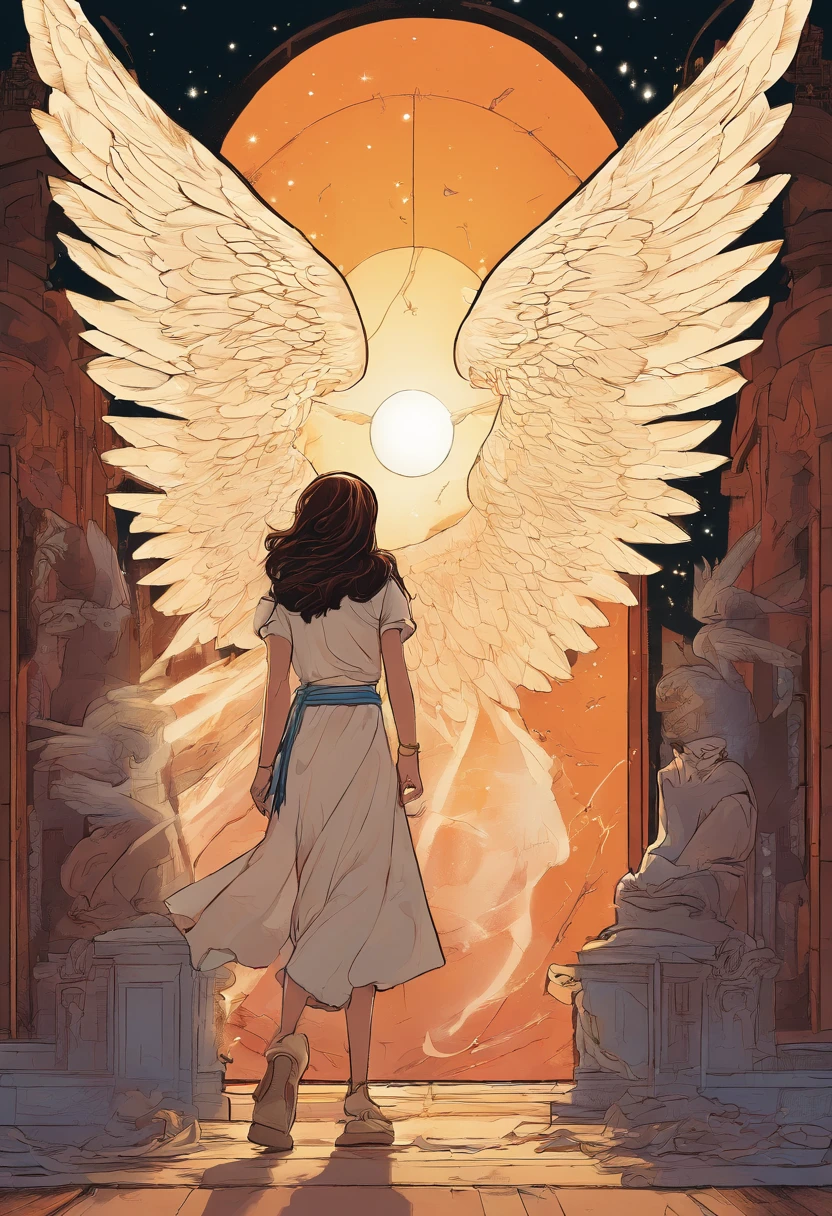 a far waya shot of a girl in causal clothing who's been reincarnated in spirit as an angel, a beam of holy godray lights falls gracefully from the heavens to bestow apon her whole being as she glows inb the holy light and raises her holy sword with much strength
