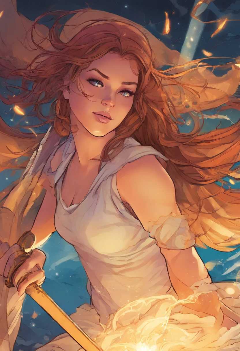 a far waya shot of a girl in causal clothing who's been reincarnated in spirit as an angel, a beam of holy godray lights falls gracefully from the heavens to bestow apon her whole being as she glows inb the holy light and raises her holy sword with much strength