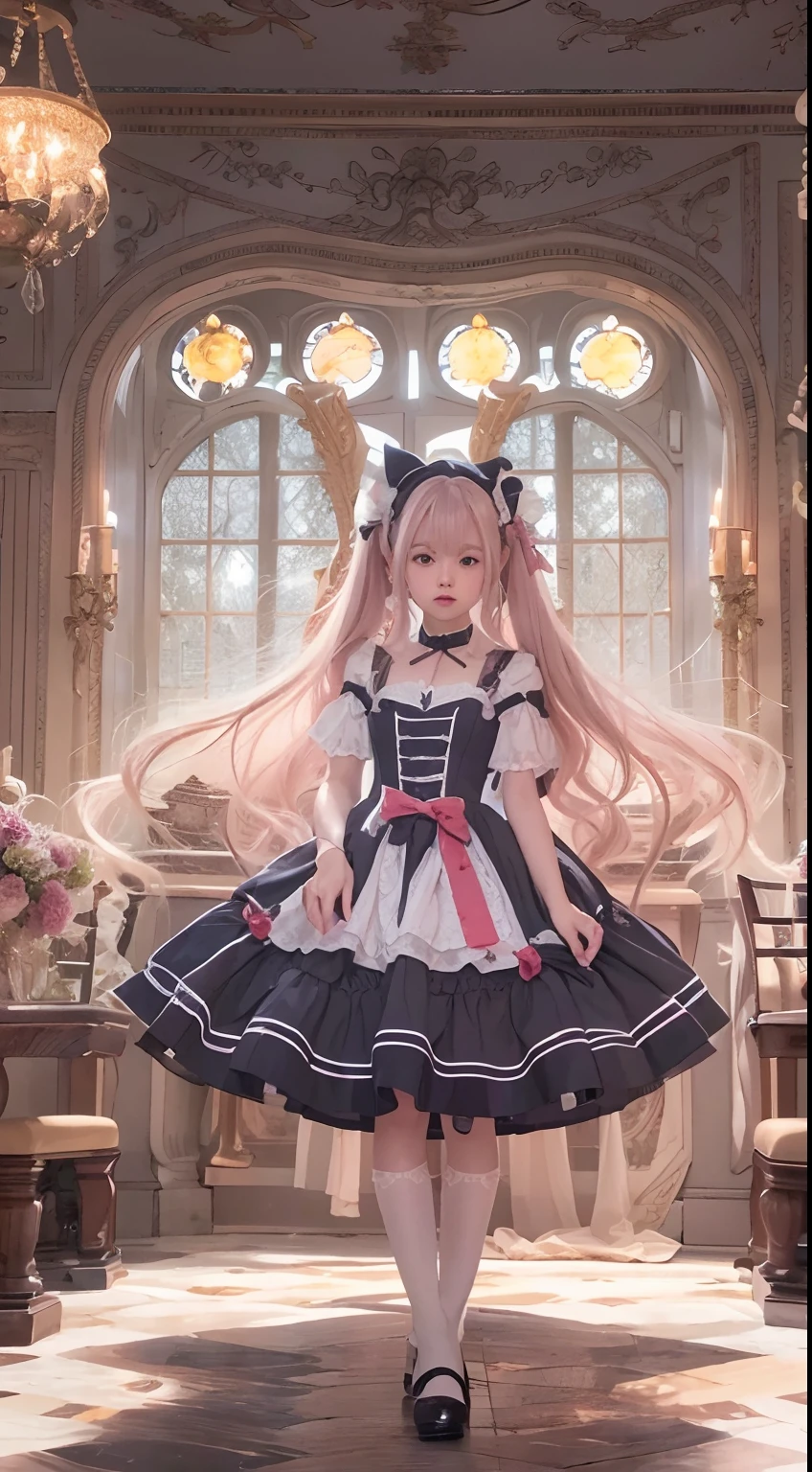 (Masterpiece, Best quality, Masterpiece,Best quality,offcial art, 8K wallpapers), Girl,chiquita，with long hair in takes, Pink hair, Wavy hair, Small breasts,(Dynamic color Lolita costume), Bare legs, Skirt lift,European restaurant，candlestick，wall，tableware， (Skin with the highest level of detail: 1,2), (The highest level of detail in the dial:1.2), Front lighting, natta, warm white light, looks into camera,