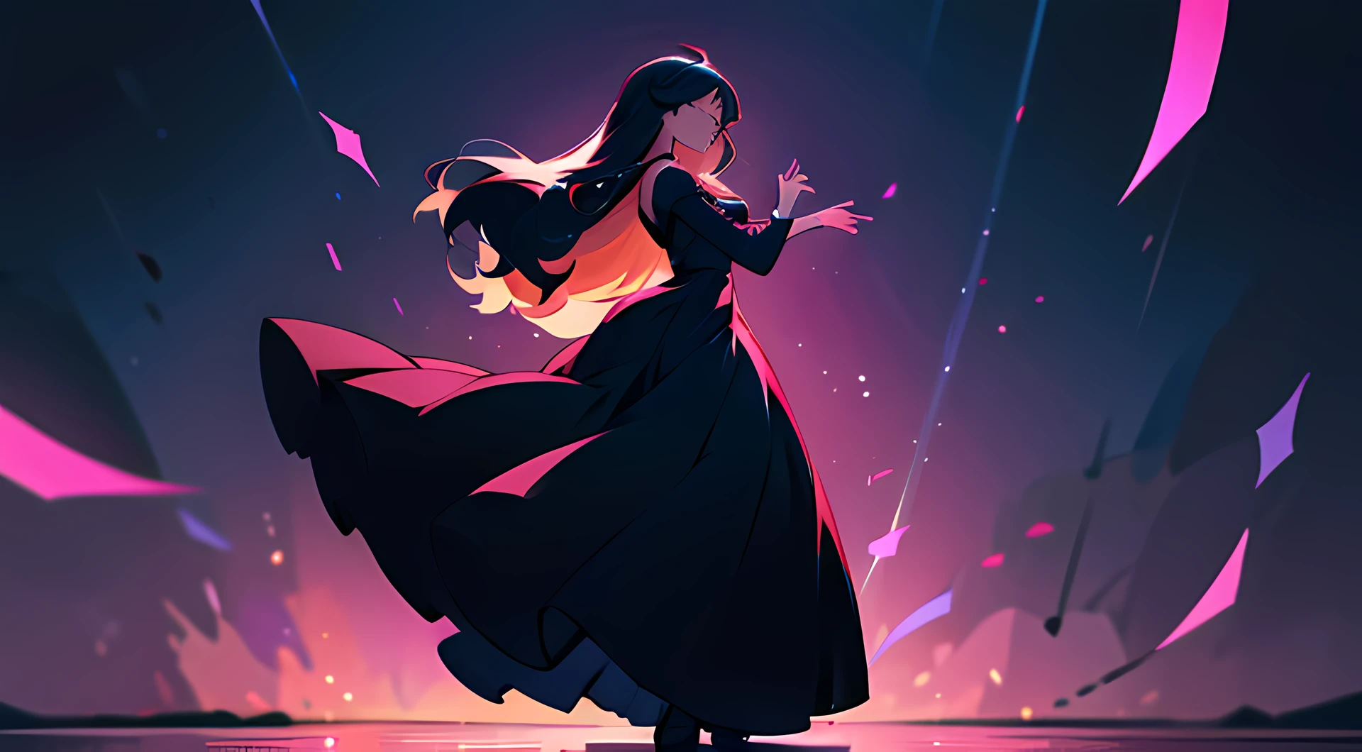 1 girl, dancing in a dark place, long dress, long hair