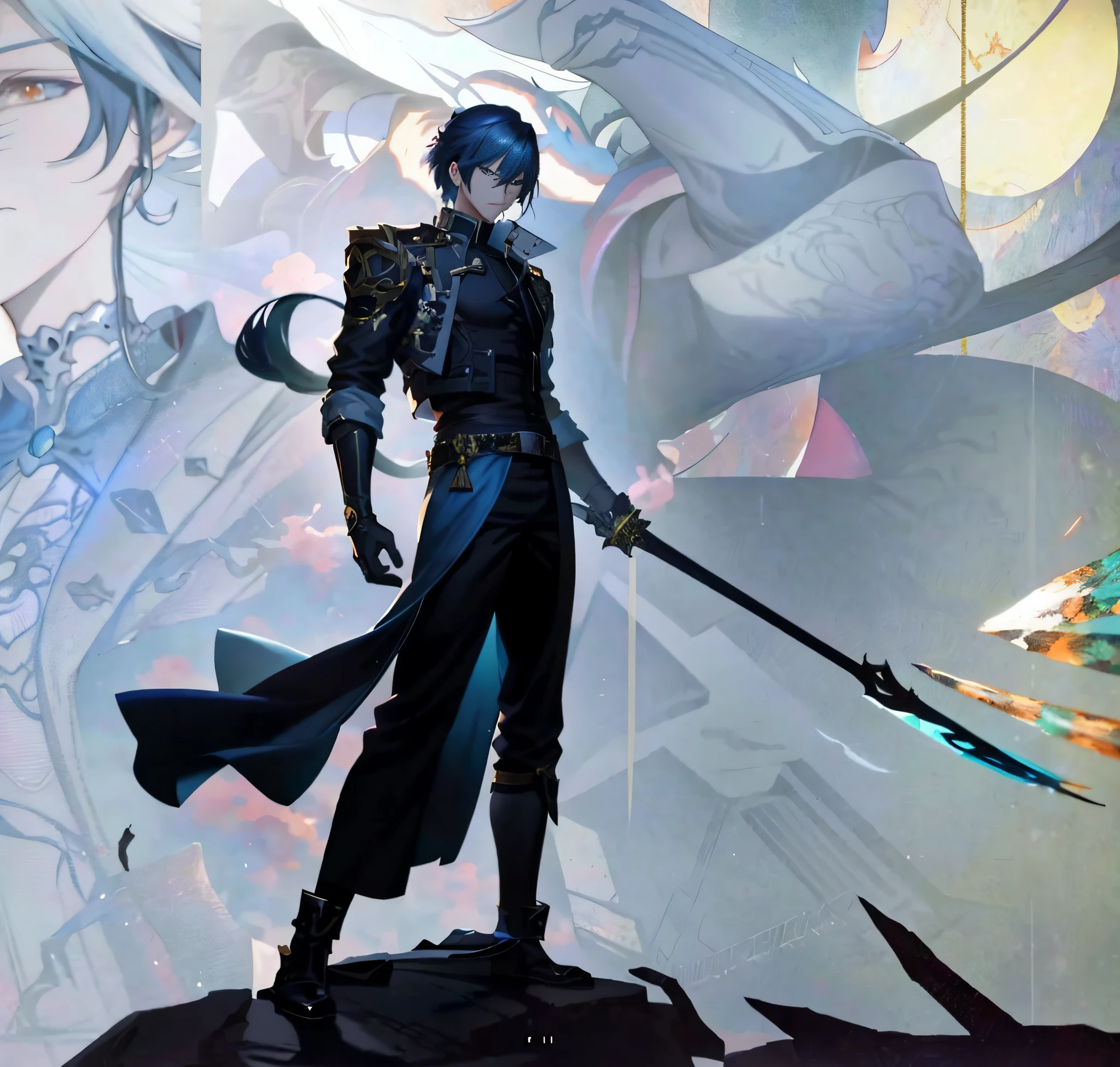 Anime characters with swords standing on rocks with backgrounds, by Yang J, 8K high quality detailed art, handsome guy in demon killer art, 2 d cg, anime concept hdr anime macmanus, detailed anime character art, Detailed digital anime art, Detailed key anime art, krenz cushart and wenjun lin, Key anime art, shirow masamune