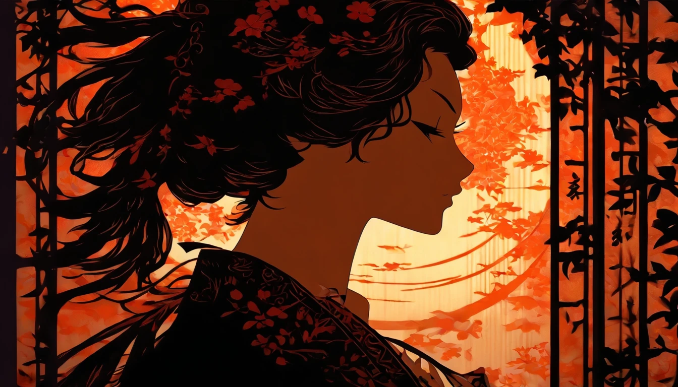 (Silhouette Art,cutouts:1.6)
(((Paper cutting art,A world where only black exists:1.3)
(Cowboy Shot),1 girl,Solo,
(Kimono Girl,profile:1.2),white, Clear and beautiful face,
BREAK
(one white winged、feather)
Textured glass background,